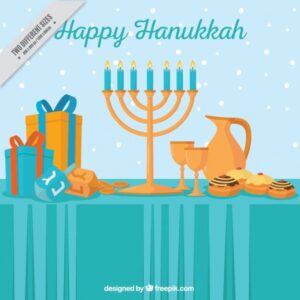 Flat background with hanukkah objects and snow