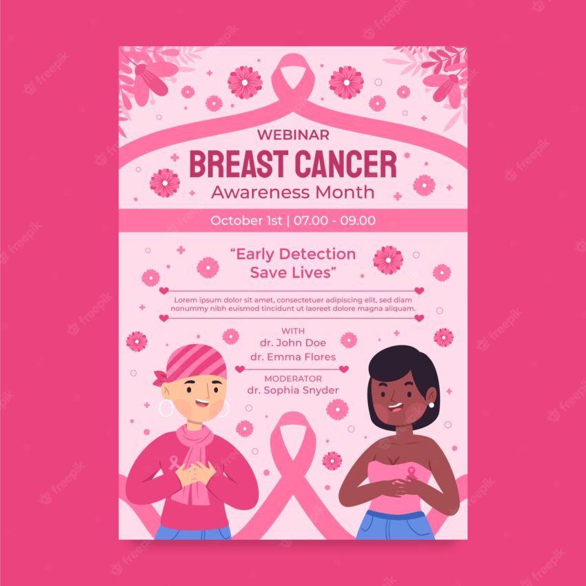 Flat breast cancer awareness vertical poster template