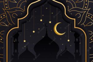 Flat design eid mubarak with moon over mosque