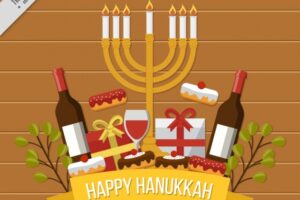 Flat hanukkah background with wine bottles and candelabra