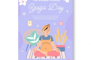 Flat international yoga day vertical poster template