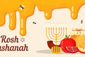 Flat rosh hashanah background illustration with melted honey fruits and bee