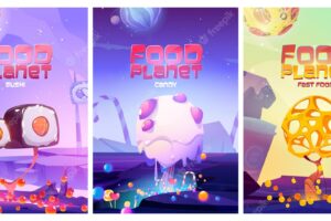 Food planet posters with fantasy landscape with sushi fast food, candies and cheese trees