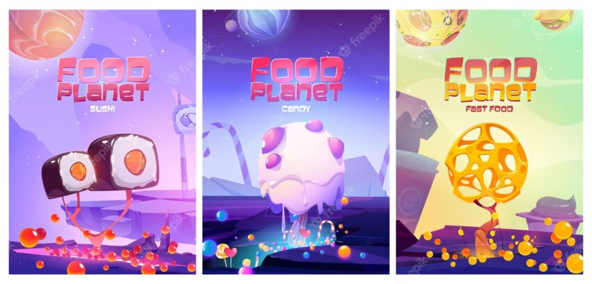 Food planet posters with fantasy landscape with sushi fast food, candies and cheese trees