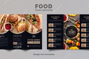 Food trifold brochure menu template. fast food menu brochure for restaurant with dark blue color.