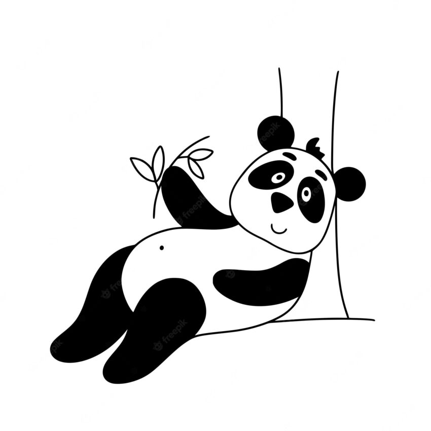 Funny panda character lies isolated vector illustration black and white bear with sprig of bamboo