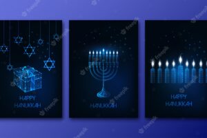 Futuristic glowing low polygonal hanukkah posters set with menorah, candles, gift box and david star