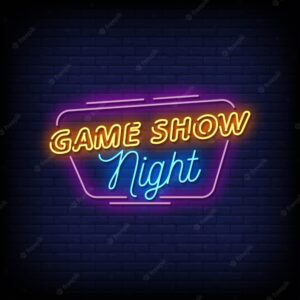 Game show night neon signboard on brick wall
