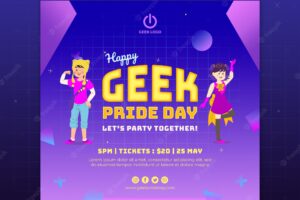 Geek pride day flyer template with people dancing