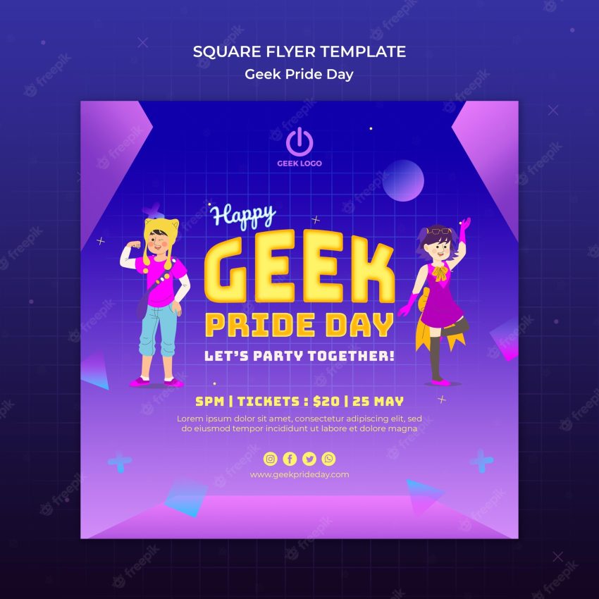 Geek pride day flyer template with people dancing