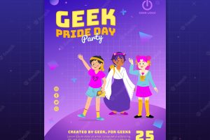 Geek pride day poster template with people wearing costumes