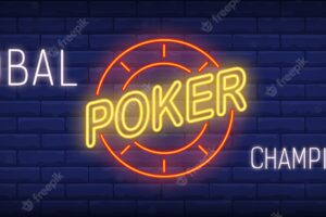 Global poker championship in neon style. text and red poker chip on brick wall