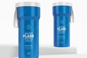 Glossy metal water flask bottle branding mockup