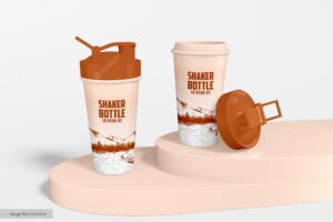 Glossy plastic coffee shaker bottle packaging mockup