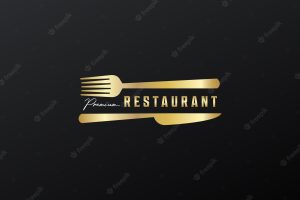 Golden restaurant logo fork and knife concept vintage vector illustration design