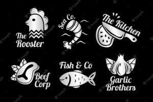 Golden retro restaurant logo collection with marine creatures