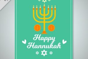 Green greeting card with coins and candelabra for hanukkah