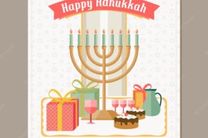 Greeting hanukkah card with candelabra and cakes in flat design