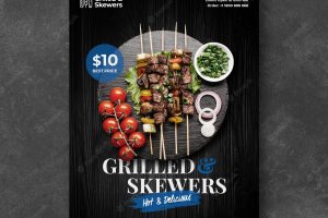 Grilled skewers with veggies restaurant poster template