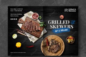 Grilled steak and veggies restaurant bifold brochure template