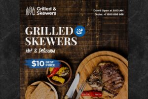 Grilled steak and veggies restaurant square flyer template