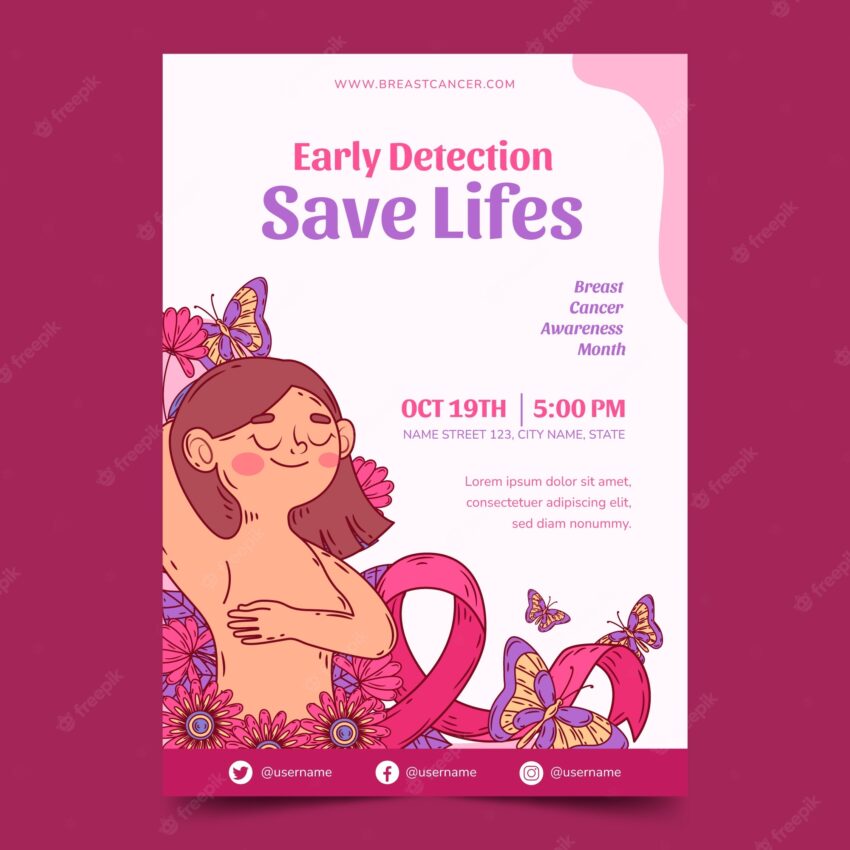 Hand drawn breast cancer awareness month vertical flyer template