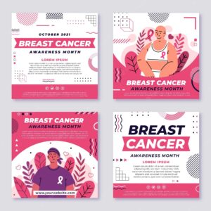 Hand drawn flat breast cancer awareness month instagram posts collection