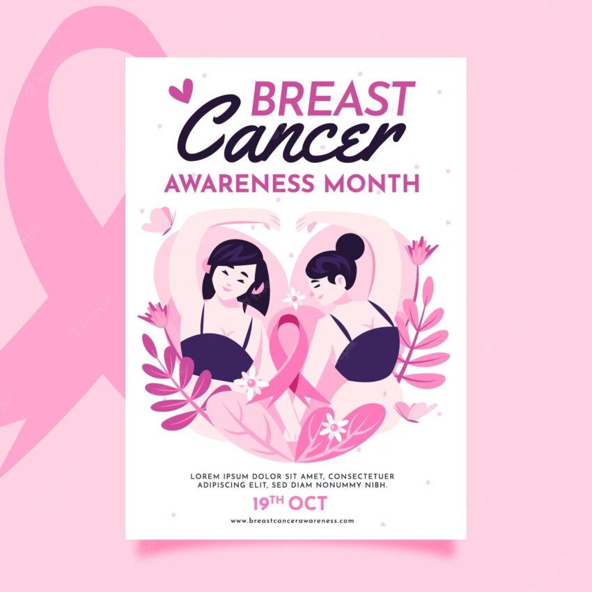 Hand drawn flat breast cancer awareness month vertical flyer template