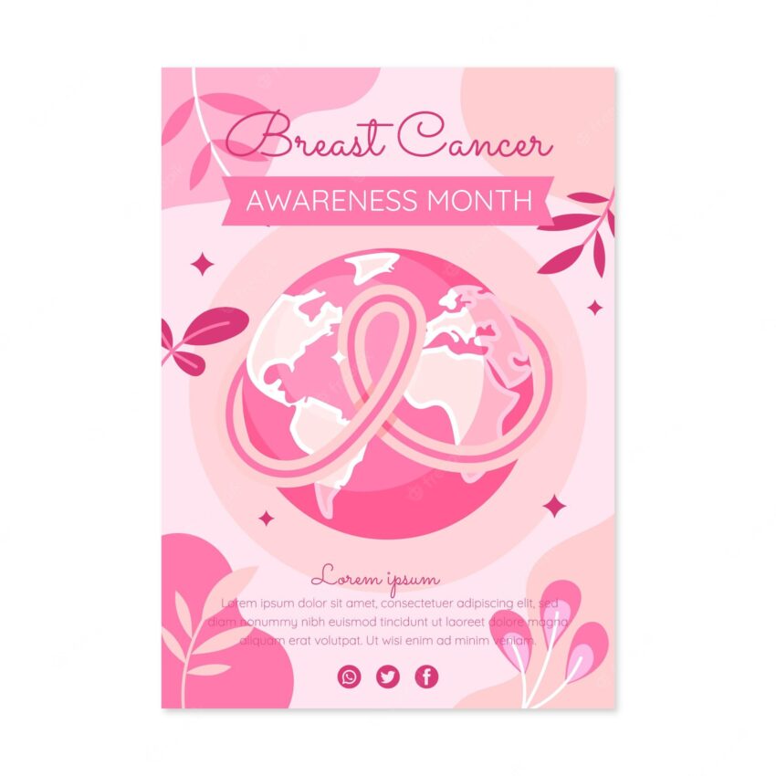 Hand drawn flat breast cancer awareness month vertical poster template