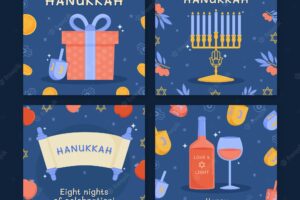 Hand drawn flat hanukkah instagram posts collection