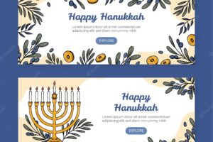 Hand drawn hanukkah horizontal banners set