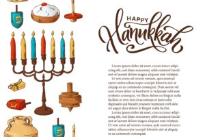 Hand drawn traditional chanukah symbols in sketch style jewish holiday hanukkah greeting card vector
