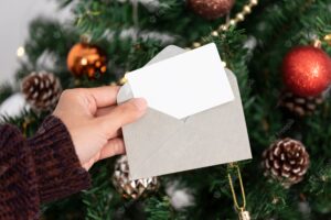 Hand holding mockup christmas greeting card for invitation design on christmas tree background
