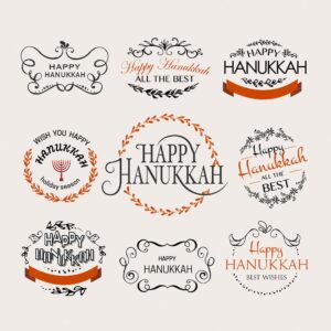 Hand sketched happy hanukkah logotype badge and icon typography set hand drawn happy hanukkah logo