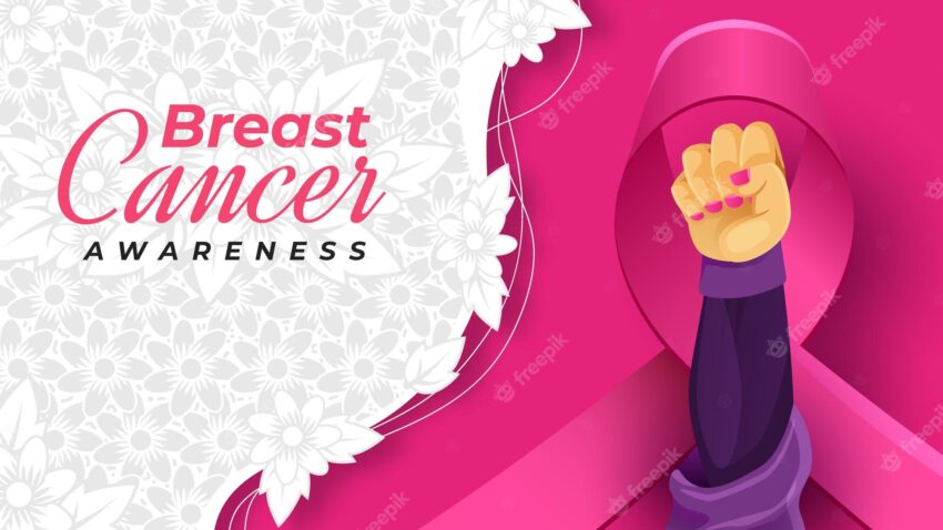 Hands clenched in breast cancer awareness month banner