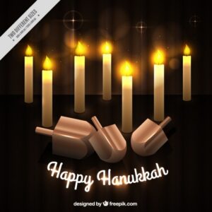 Hanukkah background with burning candles and spinning tops