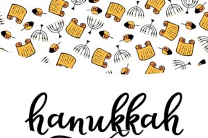 Hanukkah design elements in doodle style. traditional attributes of the menorah, torah, dreidel. hand lettering.