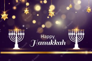 Hanukkah greeting card on a beautiful background with stars of david and an israeli candlestick