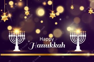 Hanukkah greeting card on a beautiful background with stars of david and an israeli candlestick