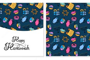 Hanukkah greeting card. a set of traditional attributes of the menorah, dreidel, oil, torah, donut. seamless pattern in a doodle style