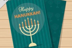 Hanukkah greeting card with candelabra and stripes