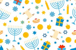 Hanukkah seamless pattern with traditional jewish symbols dreidel menorah candle jar star of david etc jewish vector background template for greeting card fabric textile scrapbooking etc