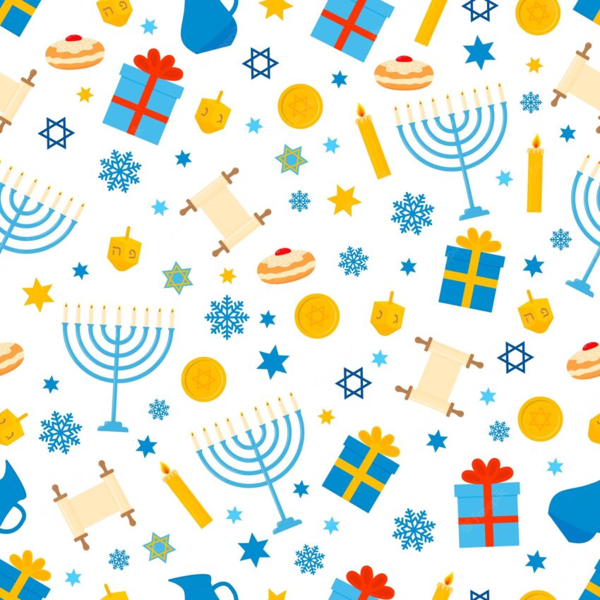 Hanukkah seamless pattern with traditional jewish symbols dreidel menorah candle jar star of david etc jewish vector background template for greeting card fabric textile scrapbooking etc