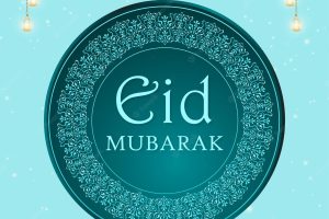 Happy eid greetings blue background islamic social media banner free vector