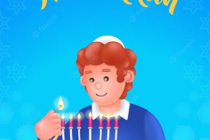 Happy hanukkah 3d illustration of a young man lighting a candle