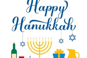 Happy hanukkah calligraphy hand lettering with traditional items isolated on white jewish festival of lights vector template for banner typography poster greeting card invitation flyer