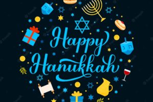 Happy hanukkah calligraphy hand lettering with traditional symbols dreidel menorah candle jar etc jewish festival of lights vector template for greeting card banner poster invitation flyer