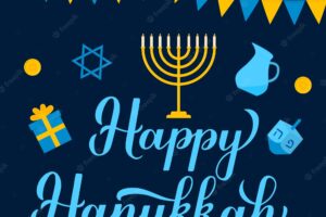 Happy hanukkah calligraphy hand lettering with traditional symbols menorah candle dreidel jar etc jewish festival of lights vector template for banner poster greeting card invitation flyer