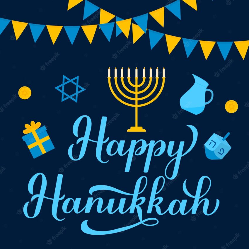 Happy hanukkah calligraphy hand lettering with traditional symbols menorah candle dreidel jar etc jewish festival of lights vector template for banner poster greeting card invitation flyer