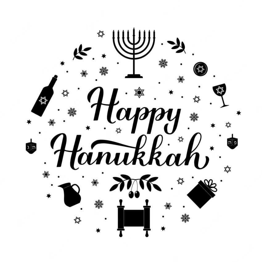 Happy hanukkah calligraphy hand lettering with traditional symbols menorah candle dreidel jar etc jewish festival of lights vector template for greeting card banner poster invitation flyer
